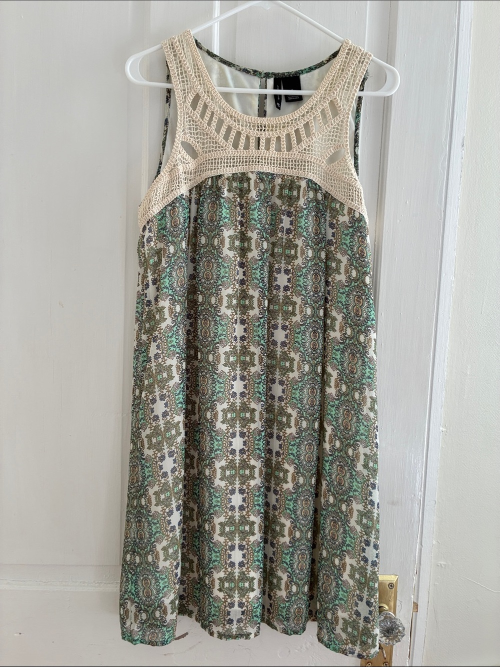 new directions Cream Crochet Yoke Green Printed Midi Dress